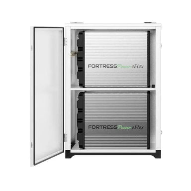 Interior view of Fortress Power E-Flex energy storage cabinet with door open, revealing two large battery modules for high-capacity power storage