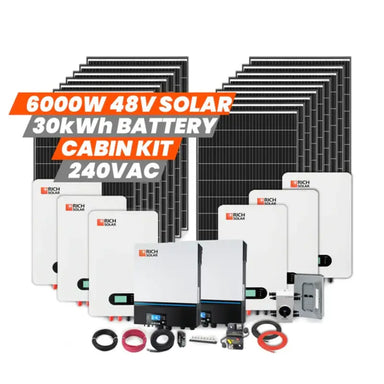 Cover image for Rich Solar's 6000W Cabin Kit with text highlights of the 48V solar system and 30kWh battery capacity.