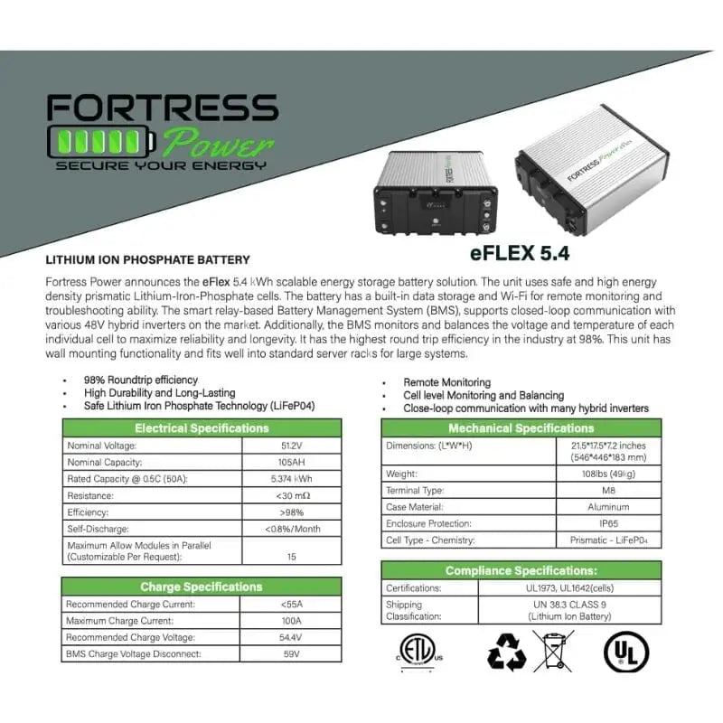 Comprehensive guide for the Fortress Power E-Flex 5.4 kWh battery, showing the product, key features, electrical and mechanical specifications, and compliance symbols