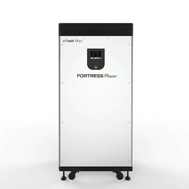 Front view of the closed Fortress eVault Max energy storage system, showcasing its sleek design and integrated control panel