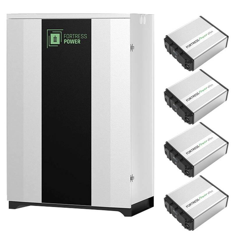 Fortress Power DuraRack enclosure fitted with four eFlex 5.4kWh batteries showing the full capacity setup