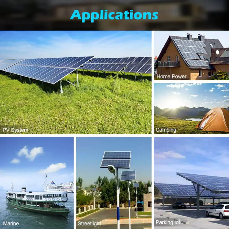 Collage showcasing various applications of solar power including residential, camping, marine, street lighting, and parking lot PV systems