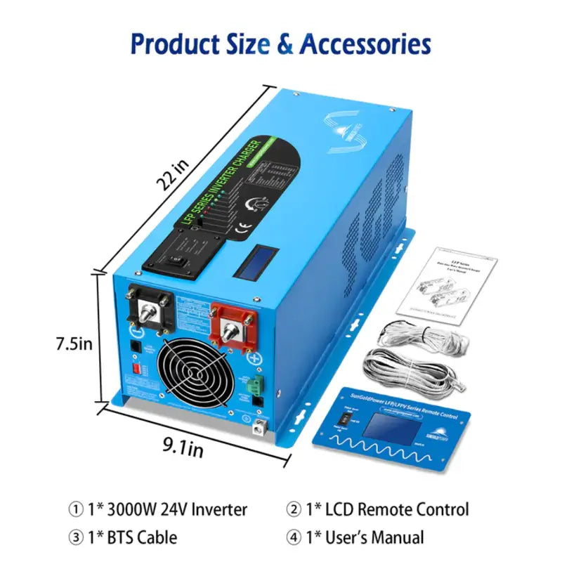 Precise dimensions of the Sun Gold Power Low Frequency Single Phase 24V Inverter for installation space planning