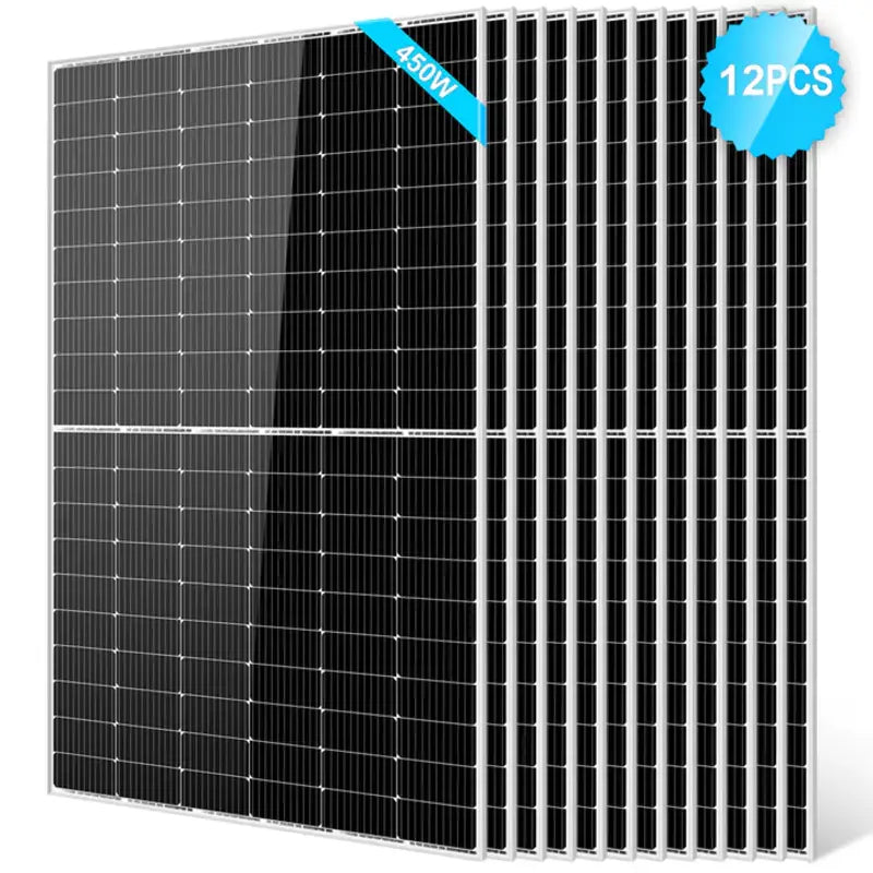 Twelve-pack of Sun Gold Power 450 Watt Monocrystalline PERC Solar Panels, ideal for medium to large scale solar arrays