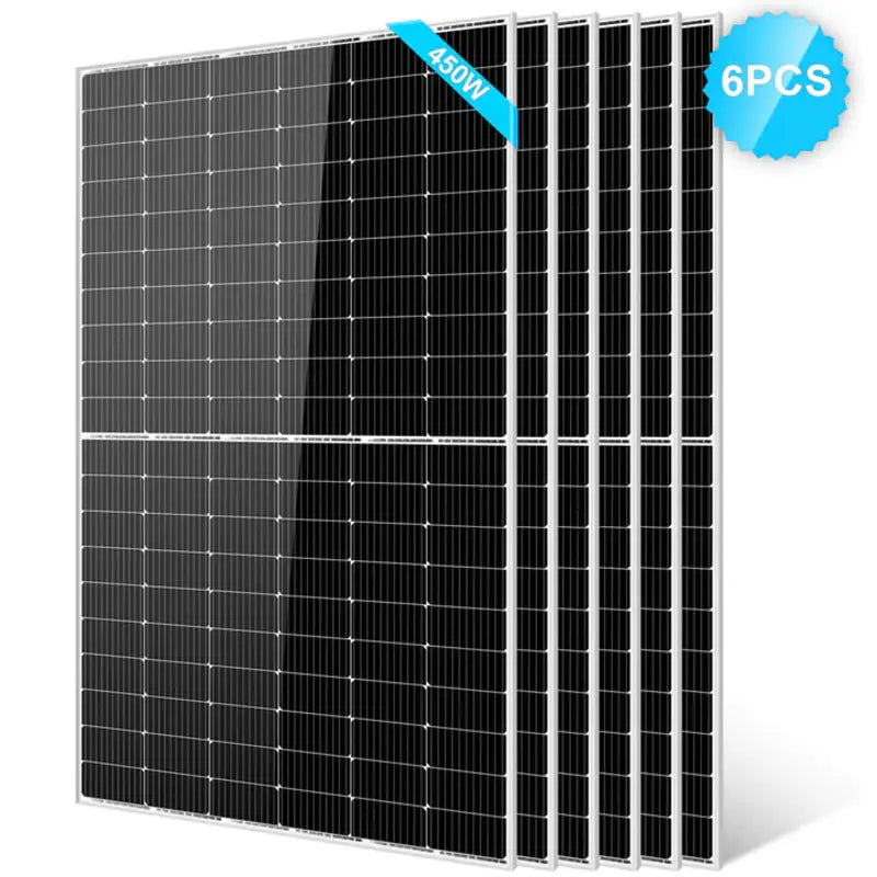 Half-dozen Sun Gold Power 450 Watt Monocrystalline PERC Solar Panels, offering high efficiency for smaller solar systems