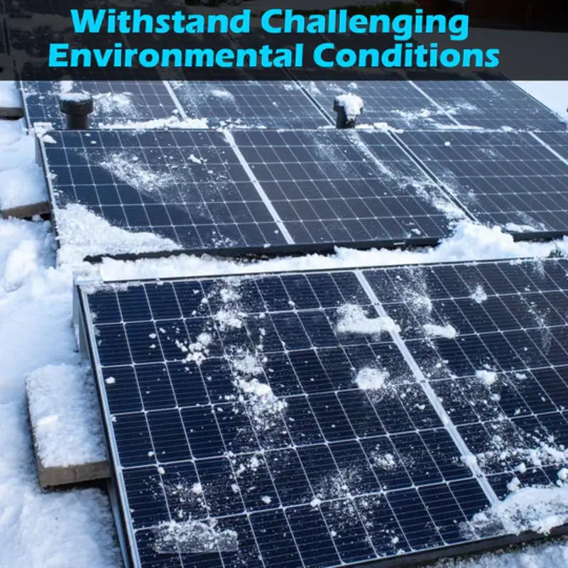 Sun Gold Power 550 Watt Monocrystalline Solar Panels covered with snow, emphasizing durability and performance in challenging environmental conditions