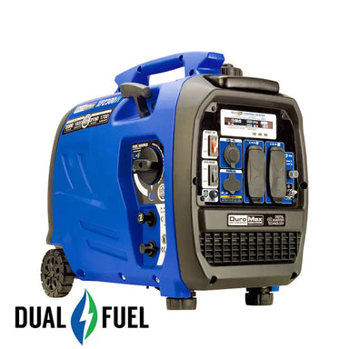 Front view of the DuroMax XP2300iH Dual Fuel Portable Inverter Generator, highlighting its fuel versatility with the dual fuel feature label.