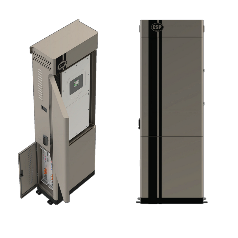 EndurEnergy ESP-IBU10 Left image with both doors open showing the inverter in the top and dual battery storage in the bottom.