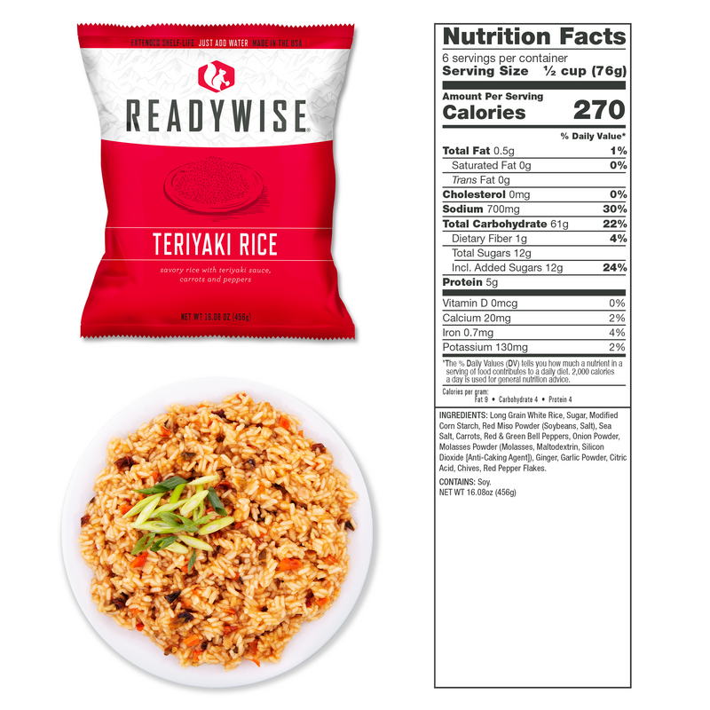 Teriyaki Rice Pouch in ReadyWise 1080 Serving Emergency Food Kit for Diverse Dietary Preferences