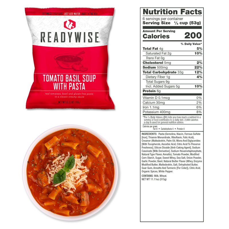 Tomato Basil Soup with Pasta in ReadyWise 1080 Serving Emergency Food Kit for a Comforting Meal Anytime