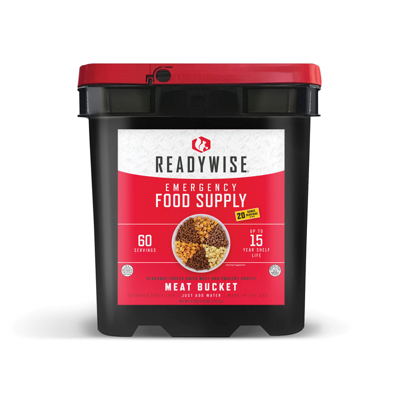 Comprehensive 60 Serving Bucket of ReadyWise Freeze Dried Meat Variety with Bonus Rice Servings