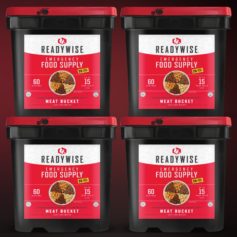 Four-Bucket Assortment of ReadyWise Freeze Dried Meat for Outdoor Adventures and Emergency Kits