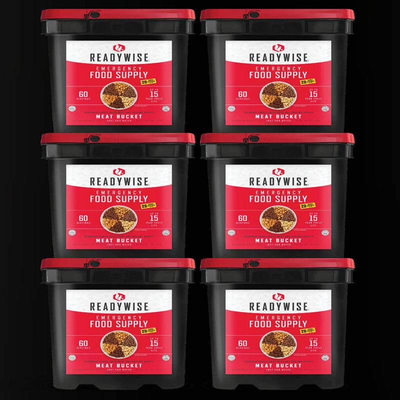 Six-Bucket Variety Pack of ReadyWise Freeze Dried Meats for Long-Term Emergency Preparedness