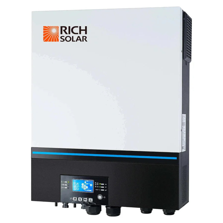 Inverter component of Rich Solar's 8000W Cabin Kit featuring an interactive display and essential connectivity ports.